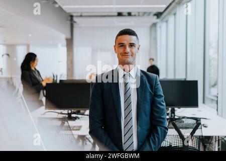 Portrait of smiling young businessman standing at corporate office Stock Photo