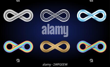 infinity symbols in various colors and sizes on a blue background. Stock Vector