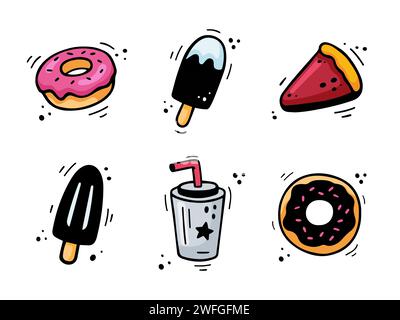 Hand drawn fast food desserts icons. Sketch of snack elements - ice cream, donut, pie, soda beverage, milk shake. Fast food illustration in doodle style. Fast food collection isolated on white. Stock Vector