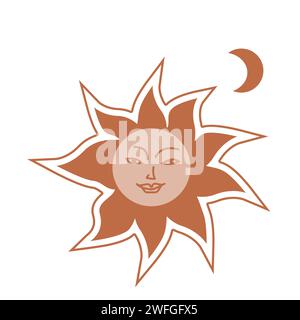 Hand drawn western sun and moon boho elements. Vector illustration in brown colors. Cute mystic sun with face icon. Can used for decoration, card, poster.  Stock Vector