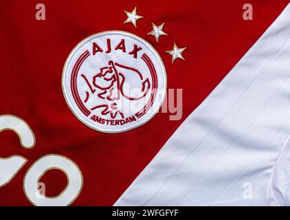 Closeup of AFC Ajax Amsterdam Football Club crest on the sports shirt. Netherlands Soccer Team Stock Photo