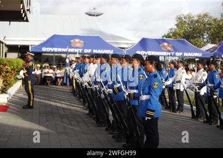 Yaren. 31st Jan, 2024. Nauru's police guards of honour attend a ceremony celebrating Nauru's 56th anniversary of independence in Nauru, Jan. 31, 2024. Nauru held a ceremony to celebrate its 56th anniversary of independence on Wednesday. Credit: Chen Guolong/Xinhua/Alamy Live News Stock Photo