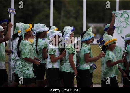 Yaren. 31st Jan, 2024. Children take part in a parade celebrating Nauru's 56th anniversary of independence in Nauru, Jan. 31, 2024. Nauru held a ceremony to celebrate its 56th anniversary of independence on Wednesday. Credit: Chen Guolong/Xinhua/Alamy Live News Stock Photo