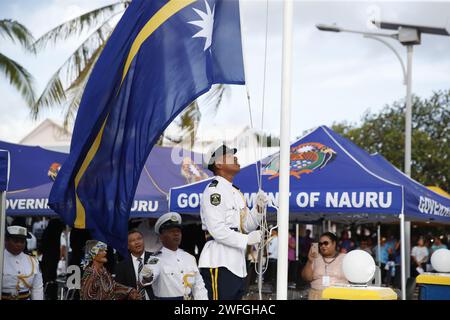 Yaren. 31st Jan, 2024. Nauru's national flag is raised during the ceremony celebrating Nauru's 56th anniversary of independence in Nauru, Jan. 31, 2024. Nauru held a ceremony to celebrate its 56th anniversary of independence on Wednesday. Credit: Chen Guolong/Xinhua/Alamy Live News Stock Photo