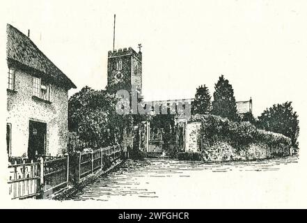 Pen and ink drawing of All Saint's Church, in the beautiful viilage of East Budleigh, Devon. Illustration from the book Glorious Devon.  by S.P.B. Mais, published by London Great Western Railway Company, 1928 Stock Photo