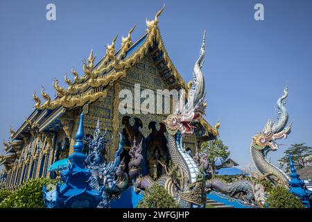 Chiang Rai, Thailand. 19th Jan, 2024. A general view of the Blue Temple. Wat Rong Suea Ten (Temple of the Dancing Tiger), most commonly known as the 'Blue Temple' is a fusion of traditional Buddhist values and classic Thai architecture with contemporary design choices, it was designed by Putha Kabkaew, a student of the artist who built the very well known 'White Temple'. Credit: SOPA Images Limited/Alamy Live News Stock Photo