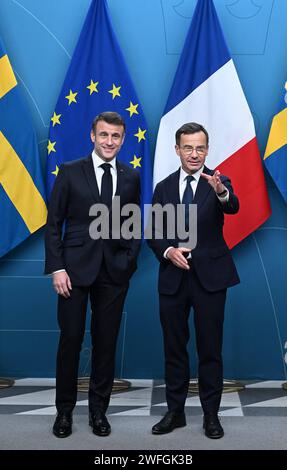 Stockholm, Sweden. 30th Jan, 2024. French President Emmanuel Macron and Sweden's Prime Minister Ulf Kristersson pose for pictures after a meeting at the government headquarters Rosenbad in Stockholm, Sweden on January 30, 2024. Photo by Jacques Witt/Pool/ABACAPRESS.COM Credit: Abaca Press/Alamy Live News Stock Photo