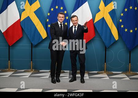 Stockholm, Sweden. 30th Jan, 2024. French President Emmanuel Macron and Sweden's Prime Minister Ulf Kristersson pose for pictures after a meeting at the government headquarters Rosenbad in Stockholm, Sweden on January 30, 2024. Photo by Jacques Witt/Pool/ABACAPRESS.COM Credit: Abaca Press/Alamy Live News Stock Photo