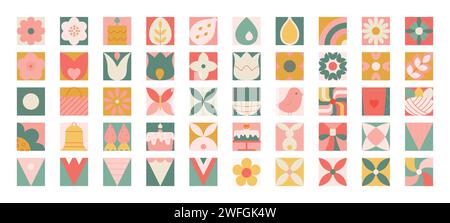 Abstract modern easter geometric elements. Icons with spring flowers, cake, flags. Stock Vector