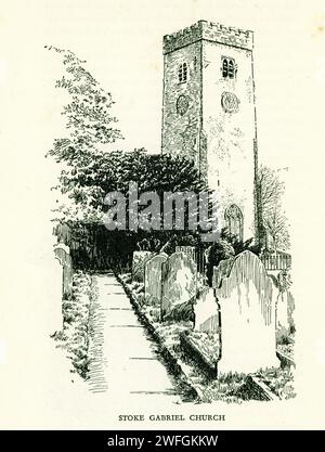 Pen and ink sketch -  Stoke Gabriel Church, River Dart Creek, South Hams district, Devon from the book Glorious Devon.  by S.P.B. Mais, published by London Great Western Railway Company, 1928 Stock Photo