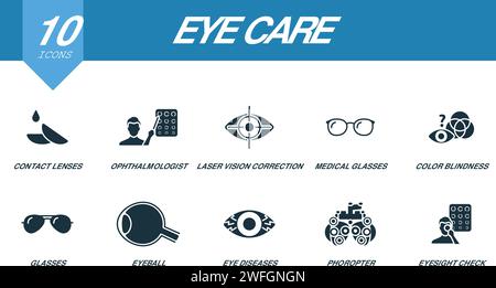 Eye care set. Creative icons: contact lenses, ophthalmologist, laser vision correction, medical glasses, color blindness, glasses, eyeball, eye Stock Vector