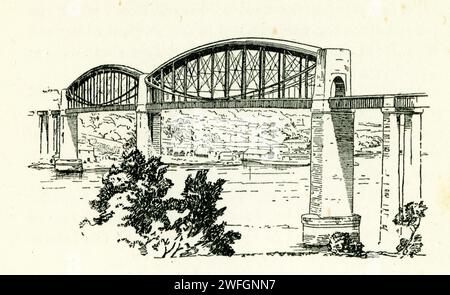 Pen and ink sketch - The Royal Albert Bridge, now runs alongside the Tamar road bridge,  - spans Saltash in Cornwall and Plymouth in Devon. This railway bridge was designed by the famous engineer,  Isambard Kingdom Brunel . From the book Glorious Devon.  by S.P.B. Mais, published by London Great Western Railway Company, 1928 Stock Photo