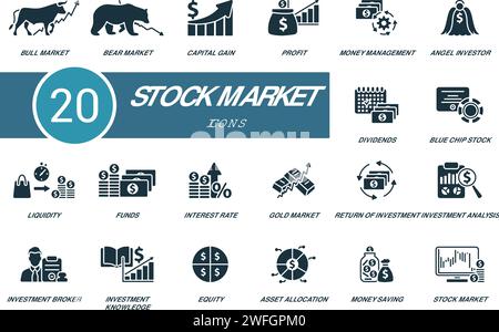 Stock market icons set. Creative icons: bull market, bear market, capital gain, profit, money management, angel investor, dividends, blue chip stock Stock Vector