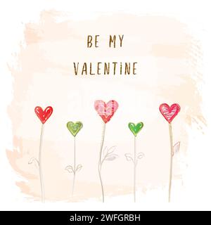 Be My Valentine square greeting card. Watercolor style vector illustration. Happy Valentine's Day postcard concept. Abstract pink background. Handdraw Stock Vector