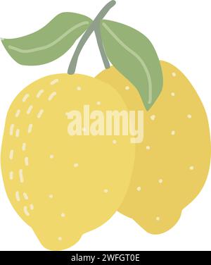 Modern lemons on branch isolated on white background. Abstract texture hand drawn citrus fruits. Pair of whole lemons flat illustration, vector Stock Vector