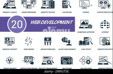 Web development set. Creative icons: project launch, cross browsing, website testng, validation, coding, create prototype, homepage artwork, sitemap Stock Vector