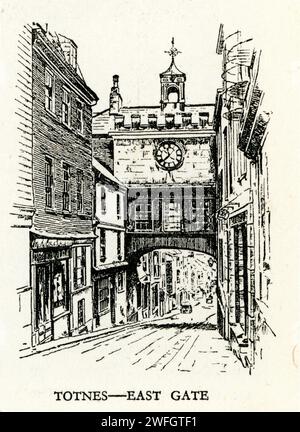Pen and ink sketch -  Totnes - East Gate, South Hams district,  Devon.  Illustration from the book Glorious Devon.  by S.P.B. Mais, published by London Great Western Railway Company, 1928 Stock Photo