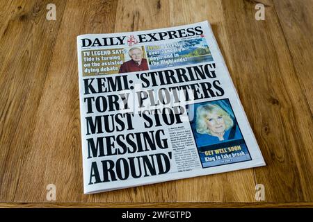 29 January 2024. Daily Express headline reads Kemi: 'Stirring' Tory Plotters Must 'Stop Messing Around'. Stock Photo