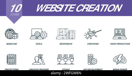 Website creation outline icons set. Creative icons: modeling, tools, responsive, creations, video production, prototyping, creative process, studio Stock Vector