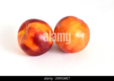 Peach fruit with mango leaf isolated on white background. Peach clipping path. Professional studio macro shooting. High quality photo Stock Photo
