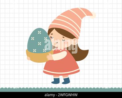 Cute girl gnome with egg for Easter and spring holidays. Vector illustration. Stock Vector