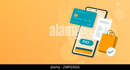 Online shopping and digital payments on smartphone, banner with copy space Stock Vector