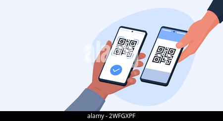 QR code payment on smartphone: customer scanning a QR code on retailer's smartphone screen, banner with copy space Stock Vector