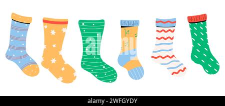 Baby socks with charming patterns and textures. Vector illustrations Stock Vector