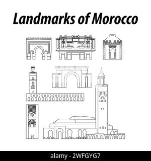 Bundle of morocco famous landmarks by silhouette outline style,vector illustration Stock Vector