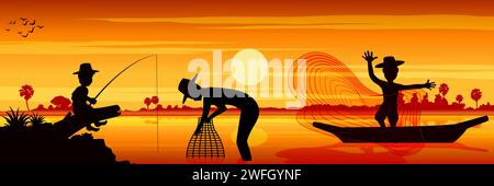 Silhouette picture of how to catching fish on sunset time,vector illustration Stock Vector