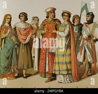 History of France. 1200. From left to right, 13: noblewoman, 14: nobleman, 15: noblewoman, 16: nobleman, 17: princess, 18-19: warriors. Chromolithography. 'Historia Universal', by César Cantú. Volume VI, 1885. Stock Photo