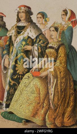 King Henry VI of England (1421-1471) and his wife, Queen consort Margaret of Anjou (1430-1482). Chromolithography. 'Historia Universal', by César Cantú. Volume VI, 1885. Stock Photo