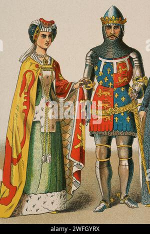 Edward of Woodstock (1330-1376), known as 'the Black Prince'. Duke of Cornwall (1337-1376) and Prince of Wales (1343-1376). Edward with a lady. Chromolithography. 'Historia Universal', by César Cantú. Volume VI, 1885. Stock Photo