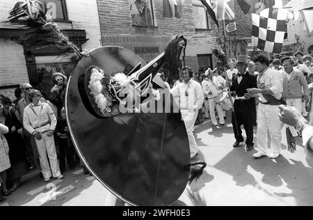 Padstow Hobby Horse, The Blue Oss. Padstow Cornwall, England. May 1st 1975. UK HOMER SYKES Stock Photo