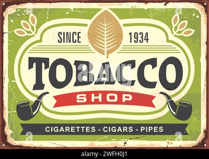 Tobacco shop vintage tin sign advertisement. Commercial sign for tobacco and cigars store. Retro vector illustration. Stock Vector