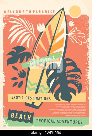 Surfing board retro poster with floral design elements. Tropical plants, beach, travel, summer holiday vacation vector illustration. Stock Vector