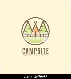 Campsite line art style logo design concept with tent shape and pine trees. Camping in the wild round symbol or vector icon idea. Stock Vector