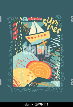 Creative summer illustration perfect for kids tee shirts or apparel. Colorful doodle vector image with boat sailing and summertime landscape. Stock Vector