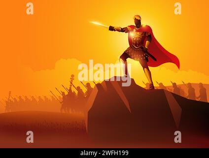 Vector illustration of Julius Caesar leads his Rome legionaries, conqueror, ancient army, leadership Stock Vector