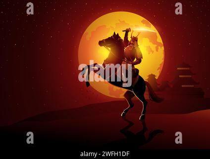 Vector illustration of Samurai general on horseback with full moon on the background Stock Vector