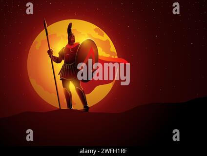 Vector illustration of Spartan warrior with his shield and spear standing gallantly against full moon Stock Vector