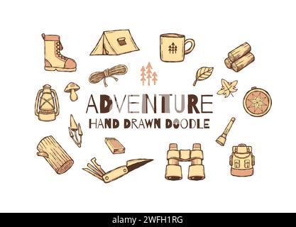 Hand drawn adventure doodle design elements vector illustration collection set Stock Vector