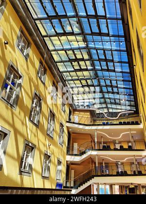 Interior view of the town hall, atrium with view of the town hall tower, Germany, North Rhine-Westphalia, Ruhr Area, Witten Stock Photo