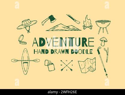 Hand drawn adventure doodle design elements vector illustration collection set Stock Vector