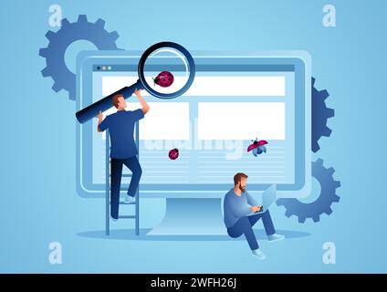 Casual computer analyst working together looking for computer bugs, beta testing, testing software, computer programming concept Stock Vector
