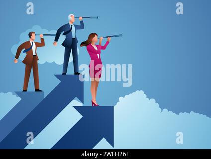 Vector illustration of businessmen and businesswoman on arrow symbol using a telescope, vision, forecast concept Stock Vector