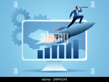 Casual businessman on a rocket using telescope, start-up, digital marketing, traffic booster concept, vector illustration Stock Vector