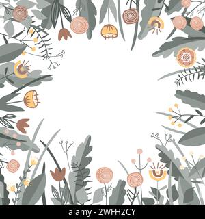 Floral doodle grass and flowers square shape frame. Spring or Summer background for banner, poster, card, invitation and scrapbook. Vector Stock Vector