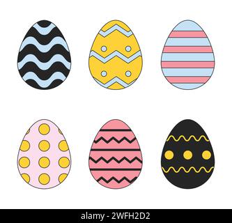 Springtime painted eggs 2D linear cartoon objects set Stock Vector