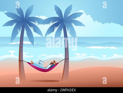 Man lying in a hammock swing at beautiful beach, vector illustration Stock Vector